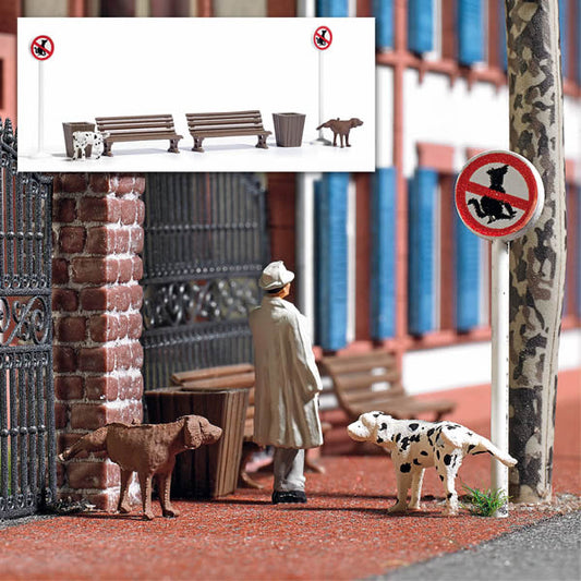 Busch 7895 HO Scale Peeing Dogs - Action Set -- 2 Each: Dogs, Park Benches, Garbage Cans, No Dogs Signs