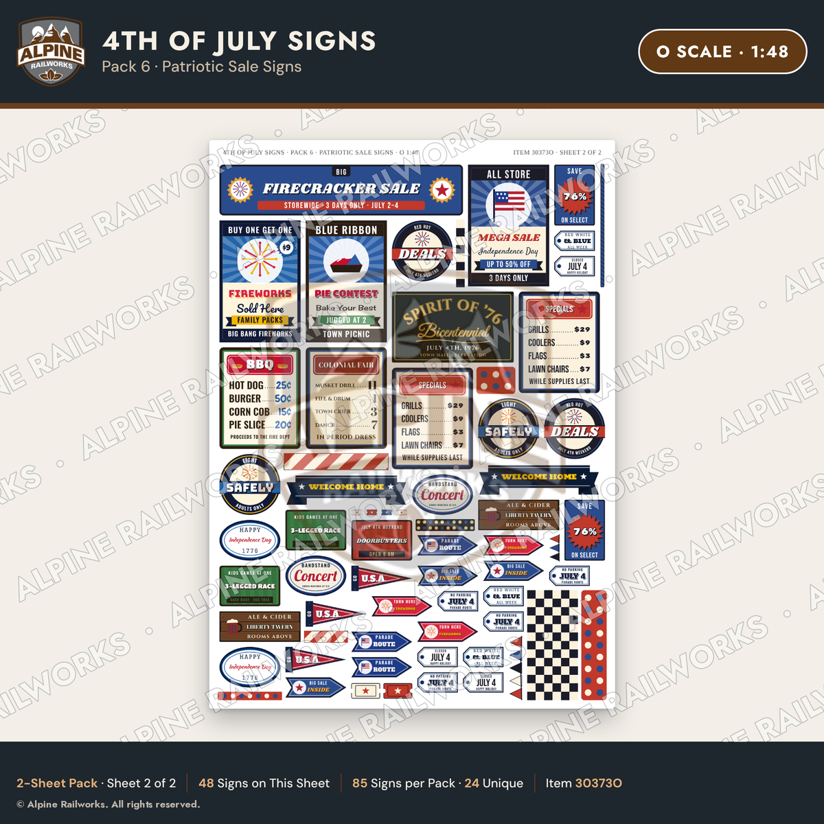 Alpine Railworks 30373O O Scale 4th of July Signs - Patriotic Sale