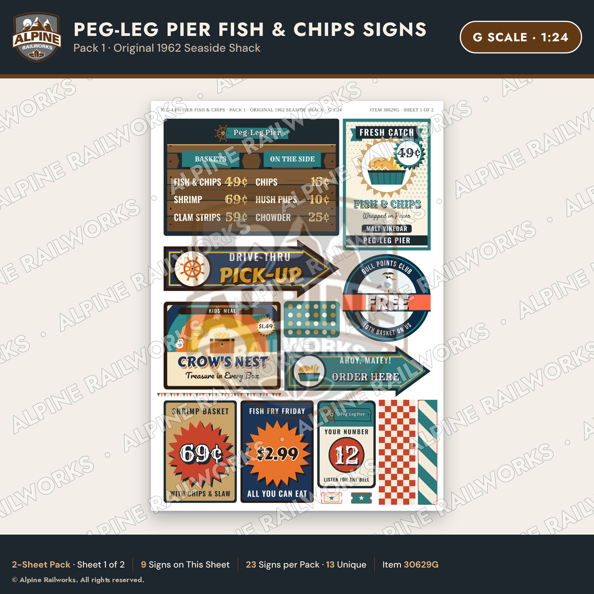 Alpine Railworks 30629G G Scale Fast Food Signs - Fish & Chips