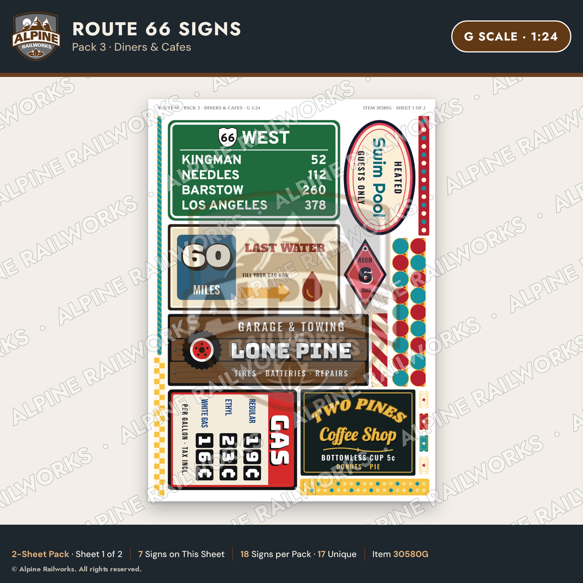 Alpine Railworks 30580G G Scale Route 66 Highway Signs - Diners