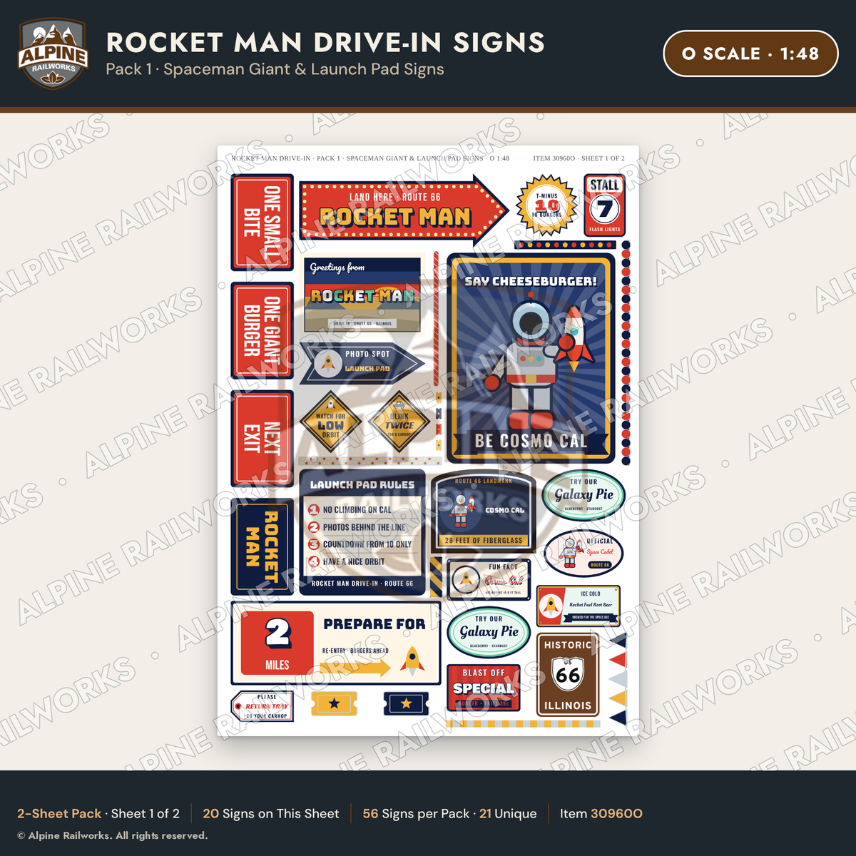 Alpine Railworks 30960O O Scale Roadside Signs - Spaceman Drive-In
