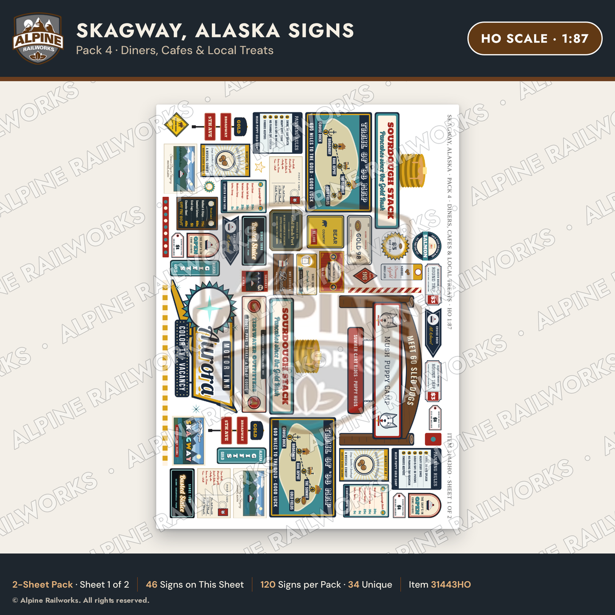 Alpine Railworks 31443HO HO Scale Skagway AK Signs - Diners & Cafes