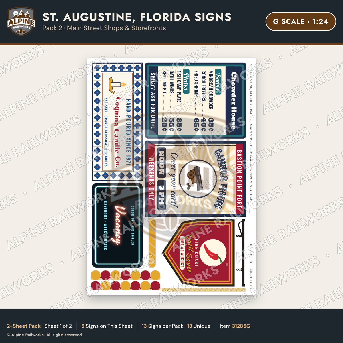 Alpine Railworks 31285G G Scale St. Augustine FL Signs - Shops
