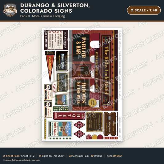 Alpine Railworks 31406O O Scale Durango CO Signs - Motels & Inns