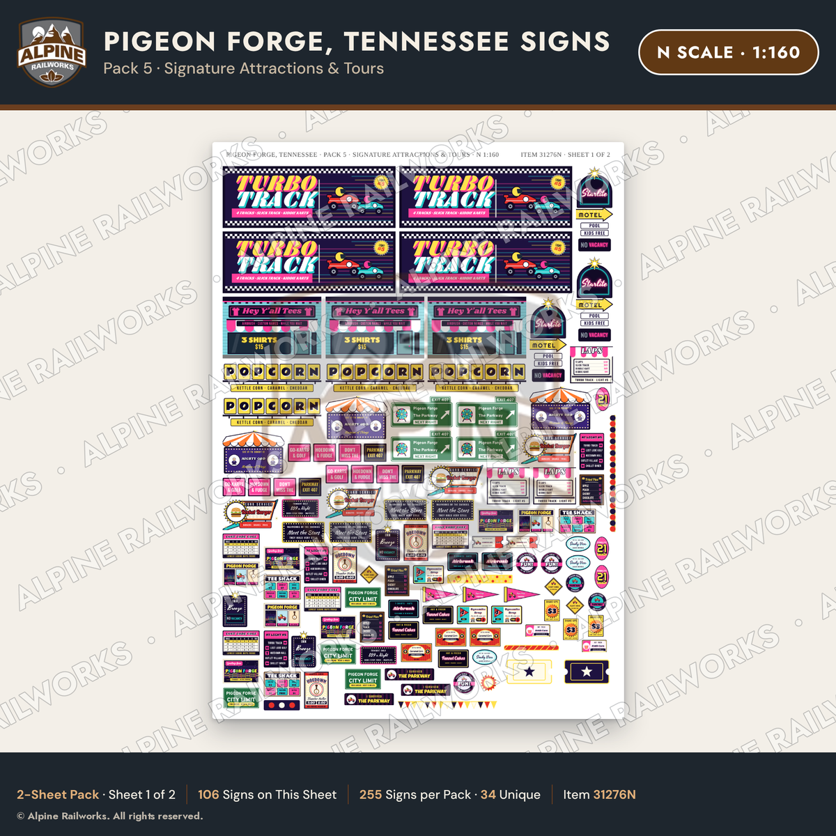 Alpine Railworks 31276N N Scale Pigeon Forge TN Signs - Attractions