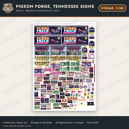 Alpine Railworks 31276N N Scale Pigeon Forge TN Signs - Attractions