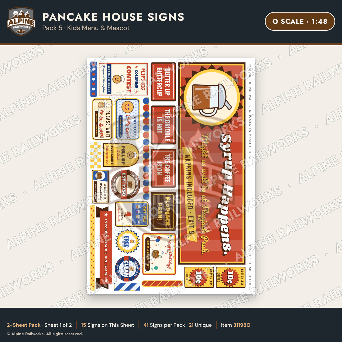 Alpine Railworks 31198O O Scale Pancake House Signs - Kids Menu