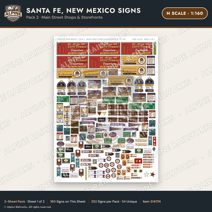 Alpine Railworks 31417N N Scale Santa Fe NM Signs - Main Street Shops