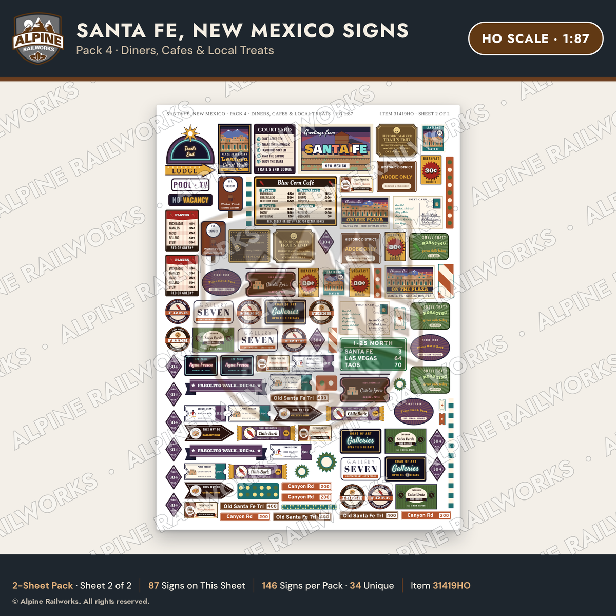 Alpine Railworks 31419HO HO Scale Santa Fe NM Signs - Diners & Cafes