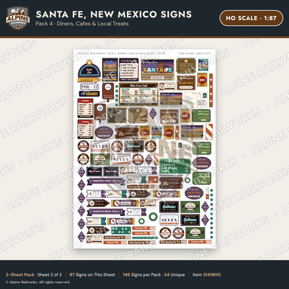 Alpine Railworks 31419HO HO Scale Santa Fe NM Signs - Diners & Cafes
