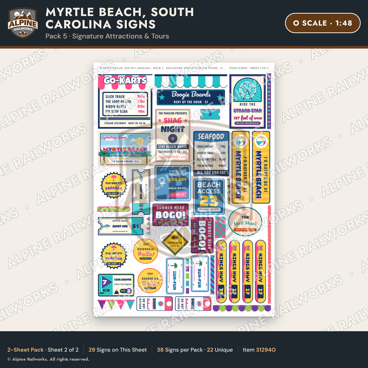 Alpine Railworks 31294O O Scale Myrtle Beach SC Signs - Attractions