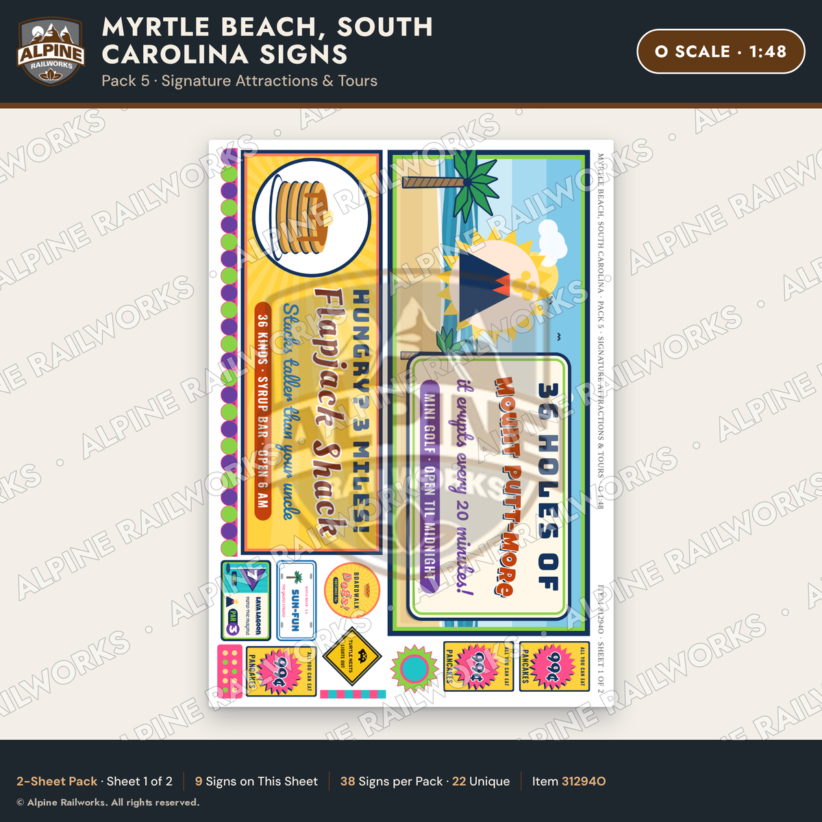 Alpine Railworks 31294O O Scale Myrtle Beach SC Signs - Attractions