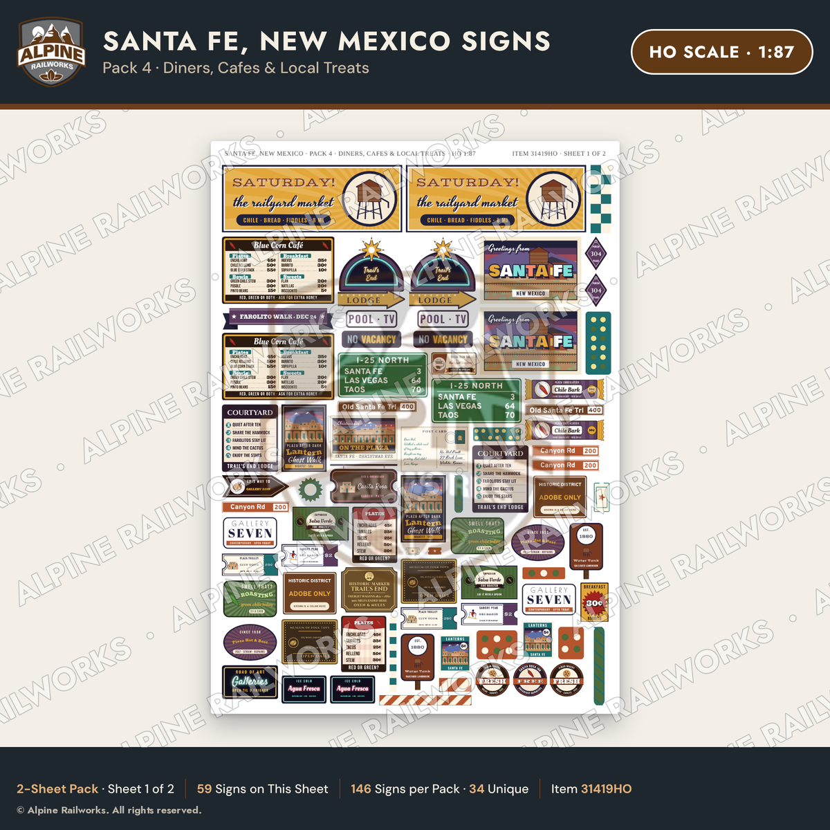 Alpine Railworks 31419HO HO Scale Santa Fe NM Signs - Diners & Cafes