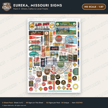 Alpine Railworks 31227HO HO Scale Eureka MO Signs - Diners & Cafes