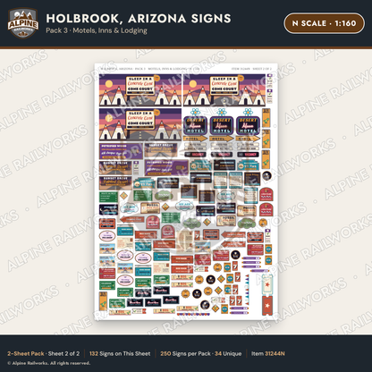 Alpine Railworks 31244N N Scale Holbrook AZ Signs - Motels & Inns