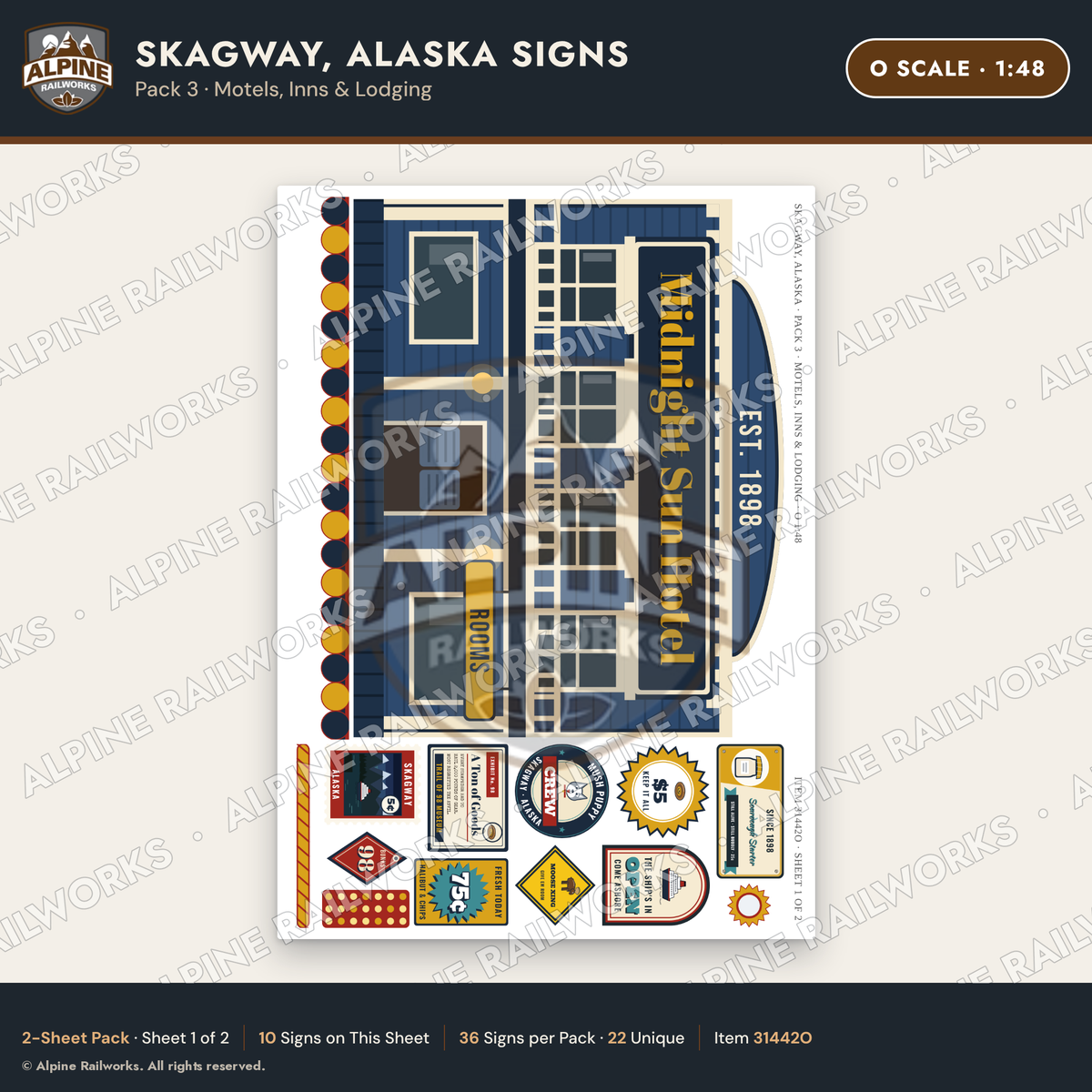 Alpine Railworks 31442O O Scale Skagway AK Signs - Motels & Inns