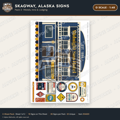 Alpine Railworks 31442O O Scale Skagway AK Signs - Motels & Inns