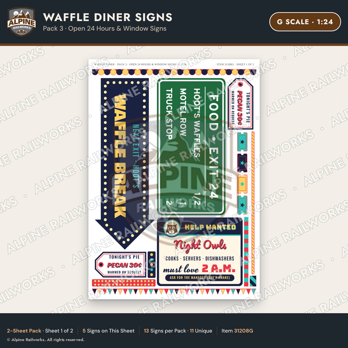 Alpine Railworks 31208G G Scale Waffle Diner Signs - Open 24 Hours