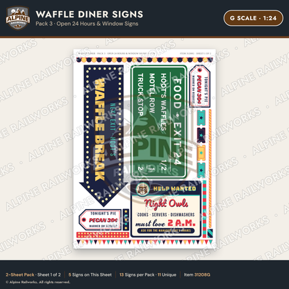 Alpine Railworks 31208G G Scale Waffle Diner Signs - Open 24 Hours
