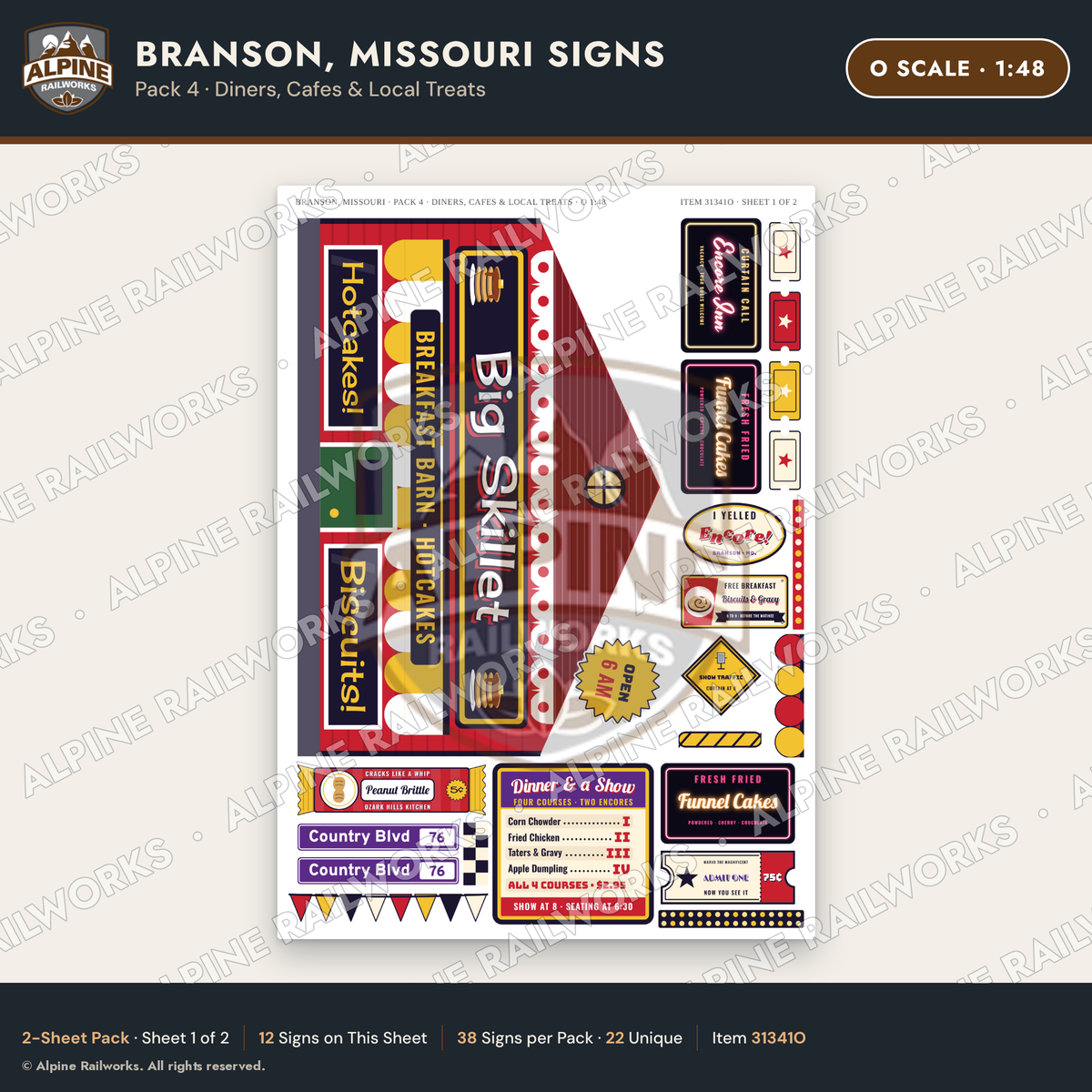 Alpine Railworks 31341O O Scale Branson MO Signs - Diners & Cafes
