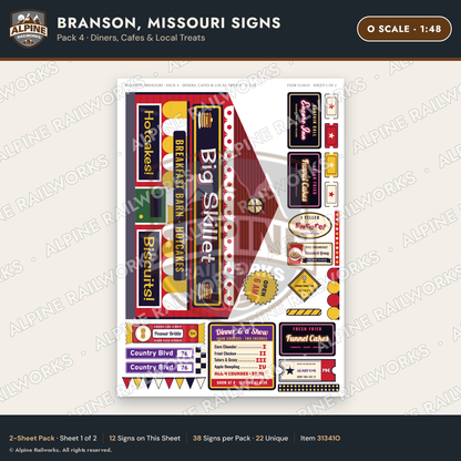 Alpine Railworks 31341O O Scale Branson MO Signs - Diners & Cafes