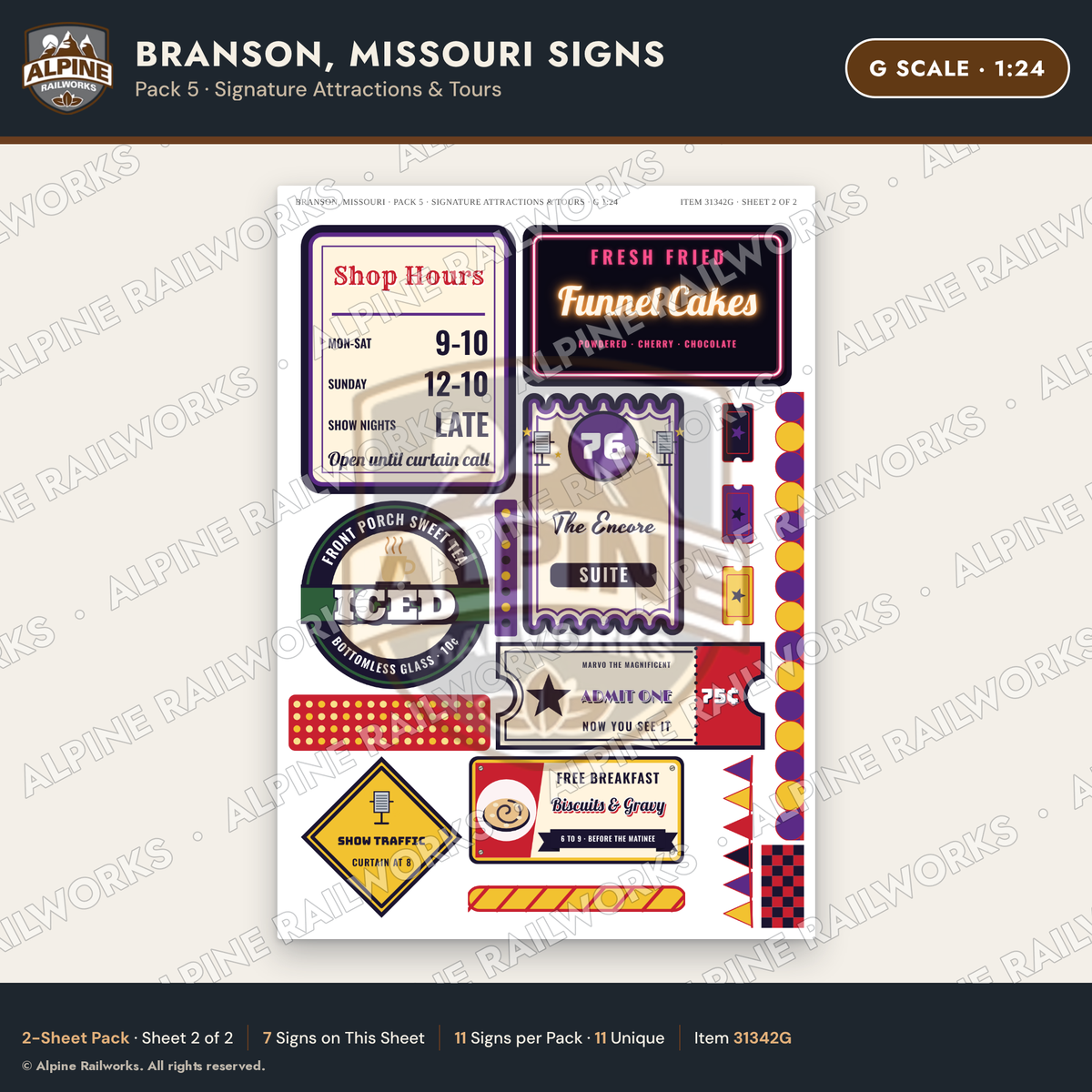 Alpine Railworks 31342G G Scale Branson MO Signs - Attractions & Tours