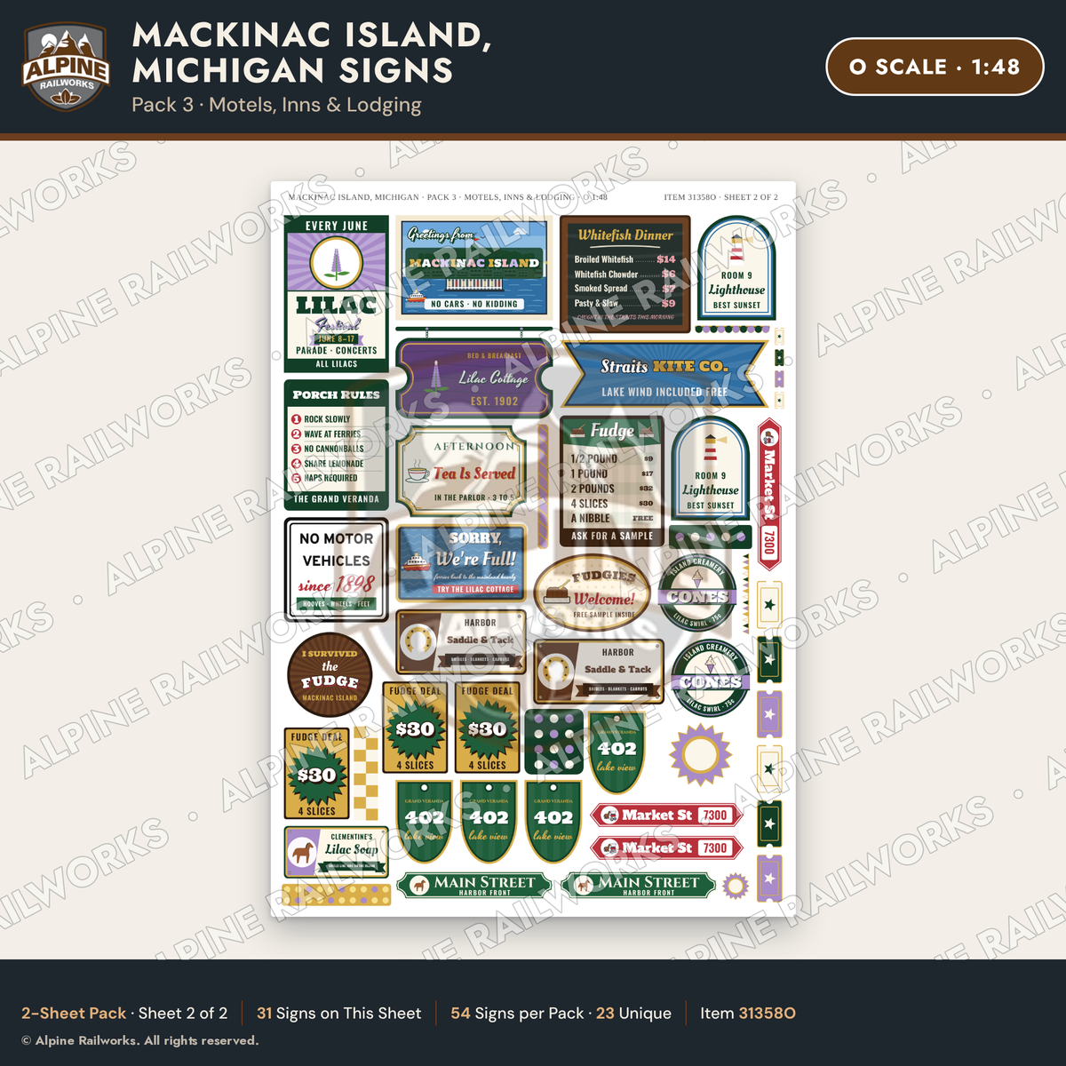 Alpine Railworks 31358O O Scale Mackinac Island Signs - Motels & Inns