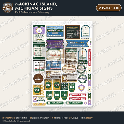 Alpine Railworks 31358O O Scale Mackinac Island Signs - Motels & Inns