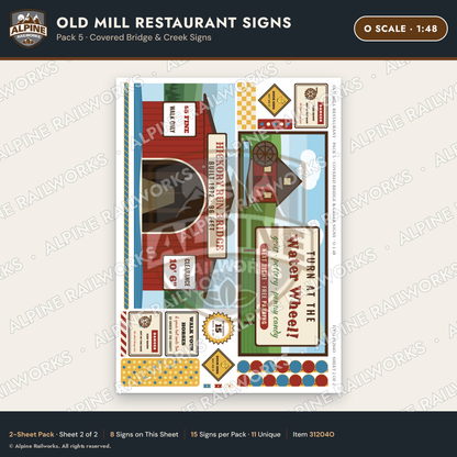 Alpine Railworks 31204O O Scale Old Mill Signs - Covered Bridge