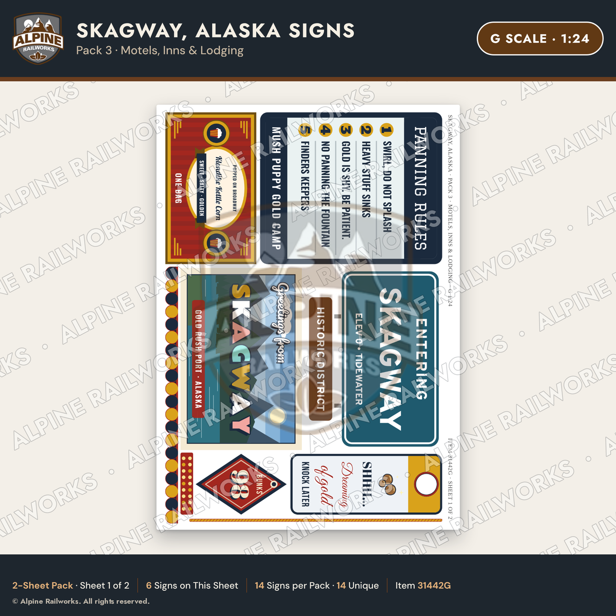 Alpine Railworks 31442G G Scale Skagway AK Signs - Motels & Inns