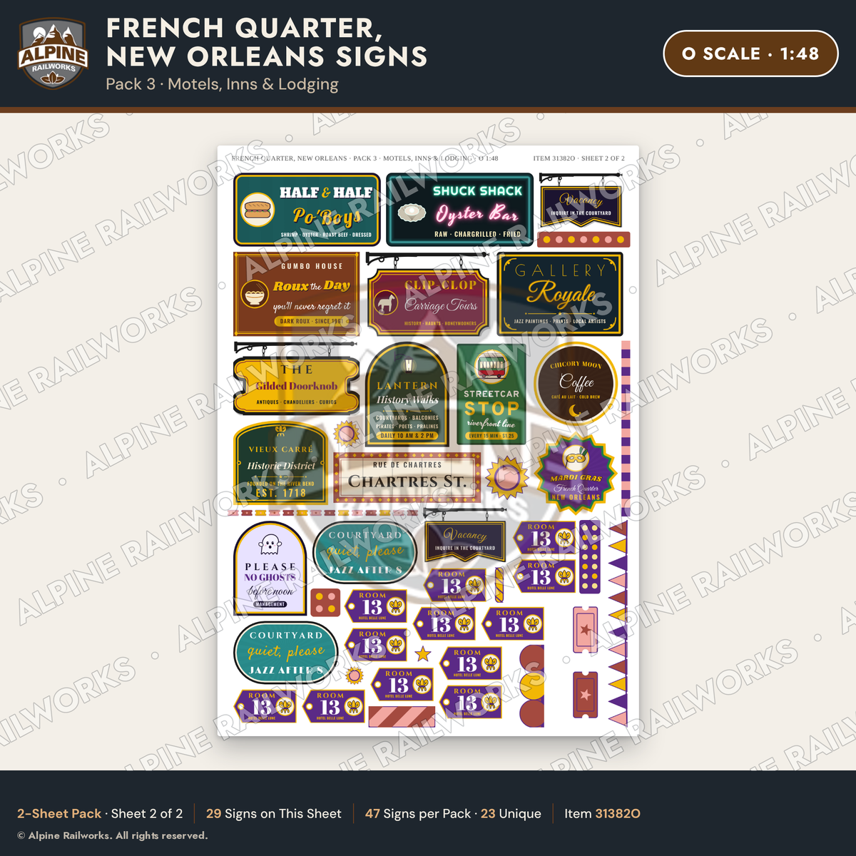 Alpine Railworks 31382O O Scale French Quarter Signs - Motels & Inns