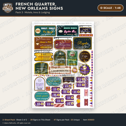 Alpine Railworks 31382O O Scale French Quarter Signs - Motels & Inns