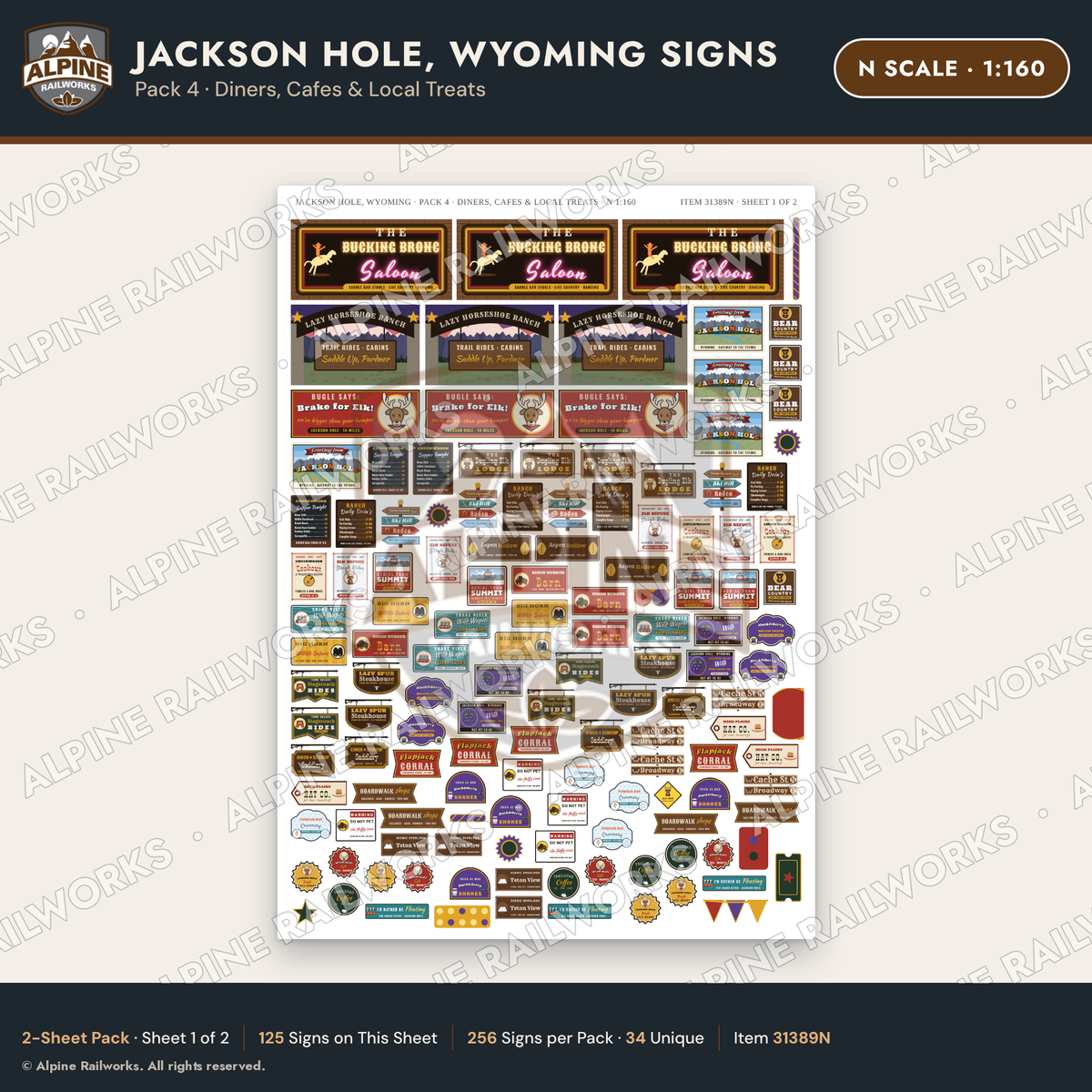 Alpine Railworks 31389N N Scale Jackson Hole WY Signs - Diners & Cafes