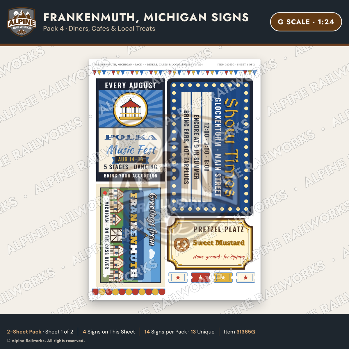 Alpine Railworks 31365G G Scale Frankenmuth MI Signs - Diners & Cafes