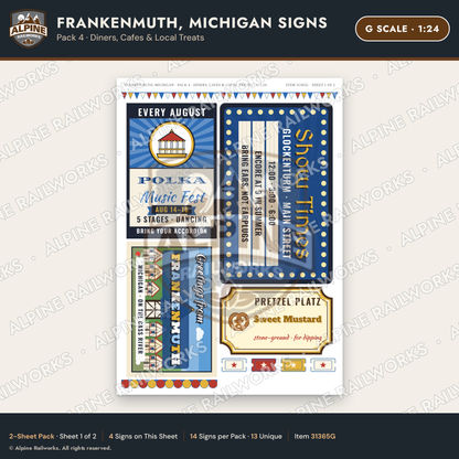 Alpine Railworks 31365G G Scale Frankenmuth MI Signs - Diners & Cafes