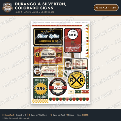 Alpine Railworks 31407G G Scale Durango CO Signs - Diners & Cafes