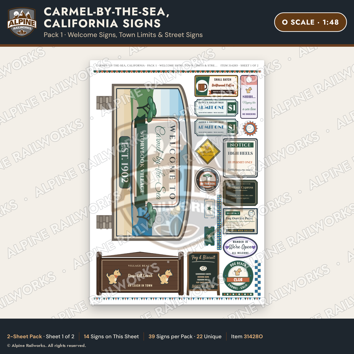Alpine Railworks 31428O O Scale Carmel CA Signs - Welcome Signs