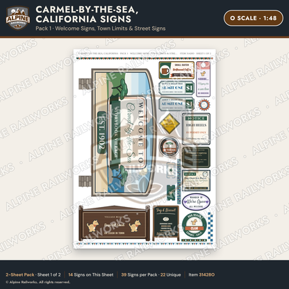 Alpine Railworks 31428O O Scale Carmel CA Signs - Welcome Signs