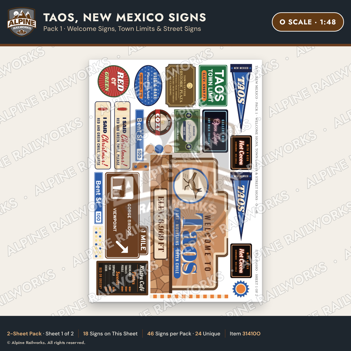 Alpine Railworks 31410O O Scale Taos NM Signs - Welcome & Street Signs