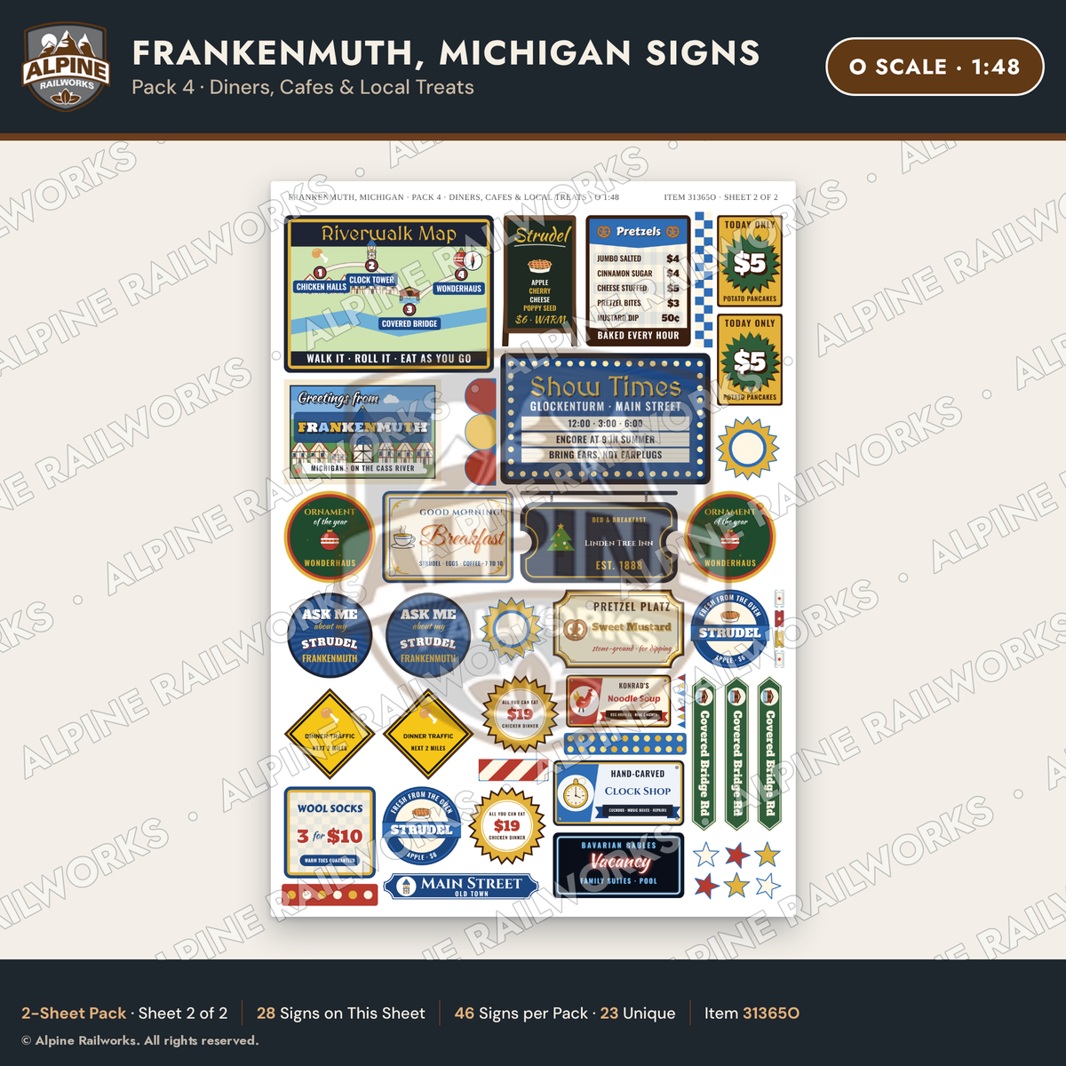 Alpine Railworks 31365O O Scale Frankenmuth MI Signs - Diners & Cafes