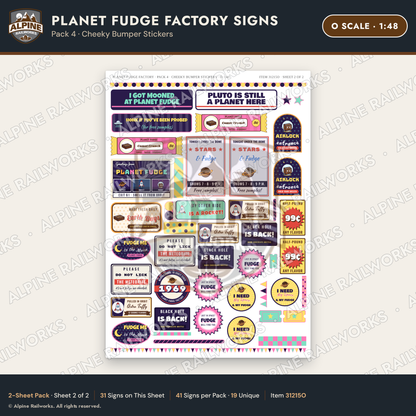 Alpine Railworks 31215O O Scale Fudge Factory Signs - Bumper Stickers