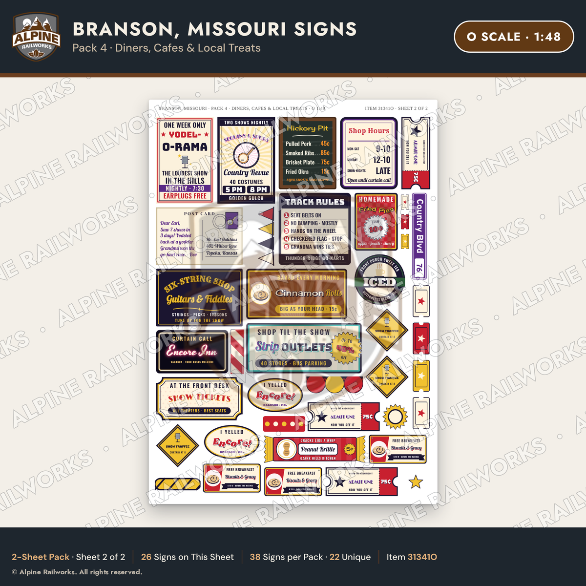 Alpine Railworks 31341O O Scale Branson MO Signs - Diners & Cafes