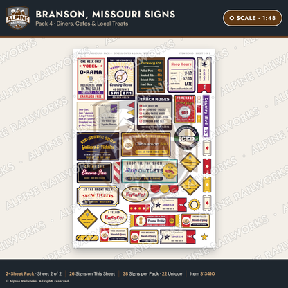 Alpine Railworks 31341O O Scale Branson MO Signs - Diners & Cafes