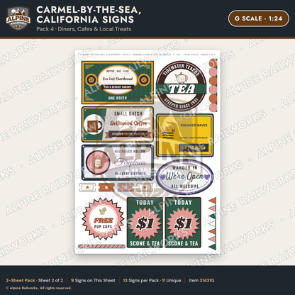 Alpine Railworks 31431G G Scale Carmel CA Signs - Diners & Cafes