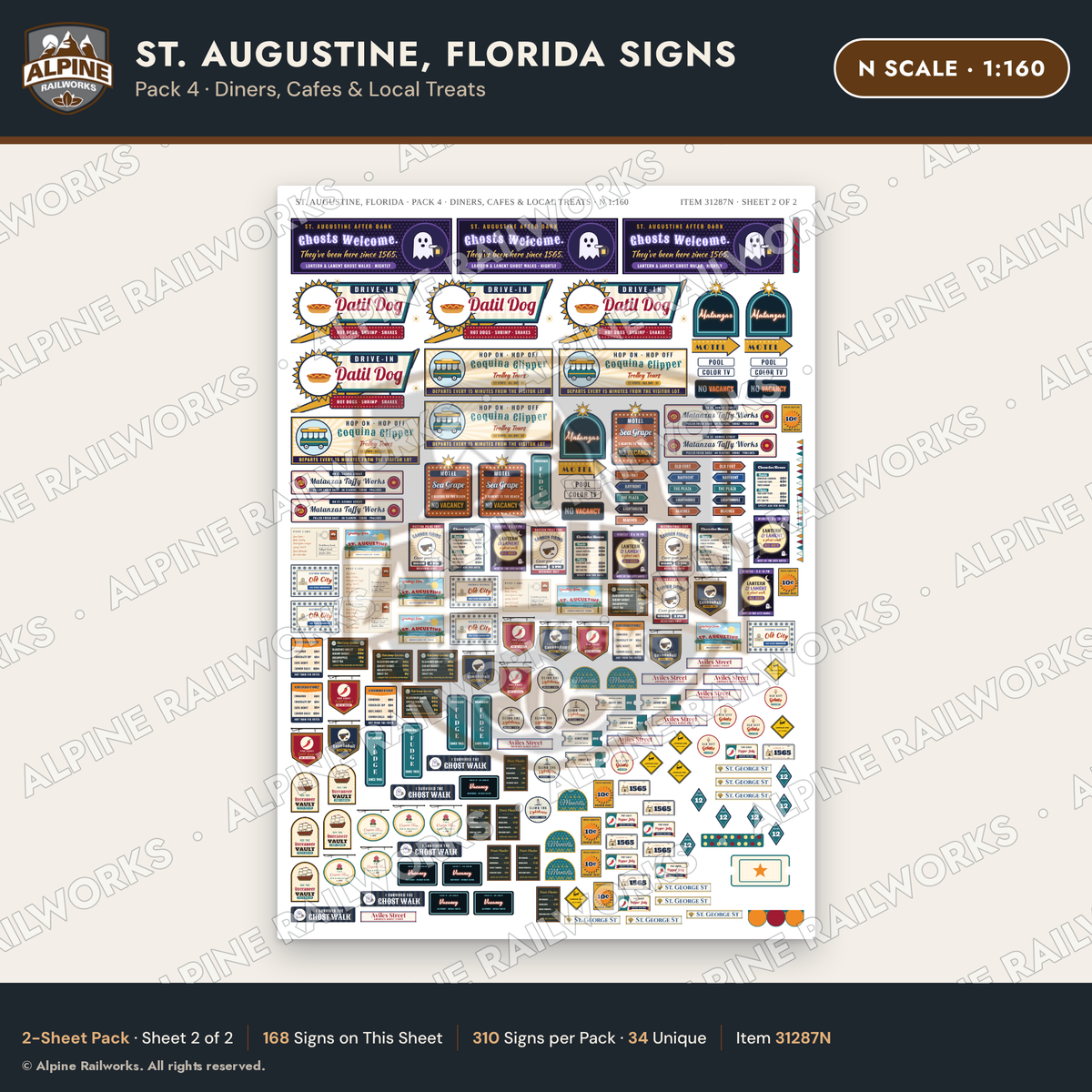Alpine Railworks 31287N N Scale St. Augustine FL Signs - Diners