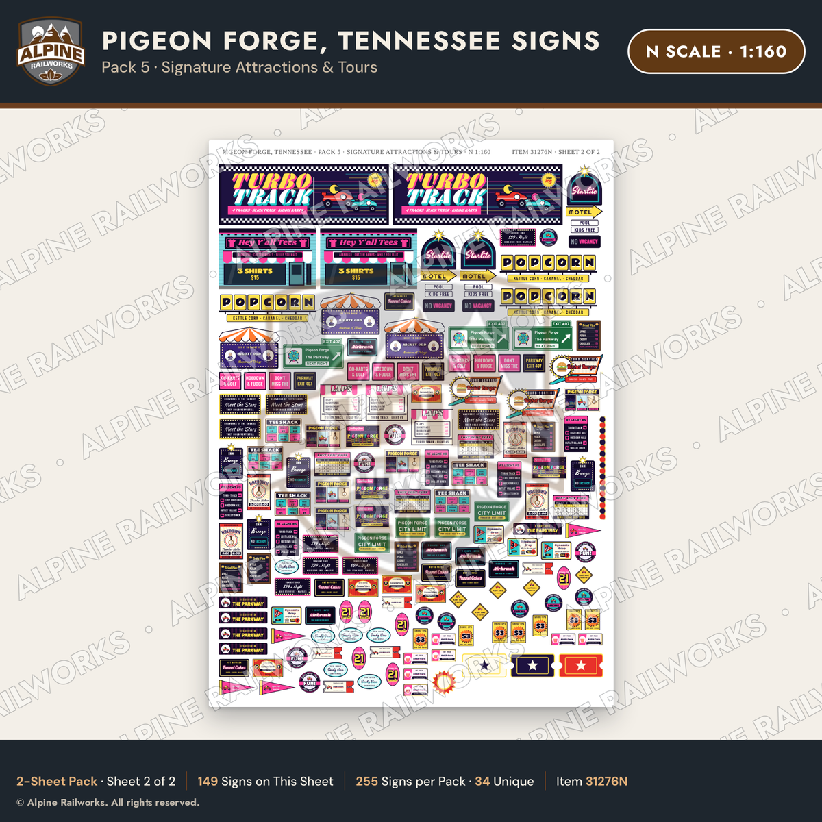 Alpine Railworks 31276N N Scale Pigeon Forge TN Signs - Attractions