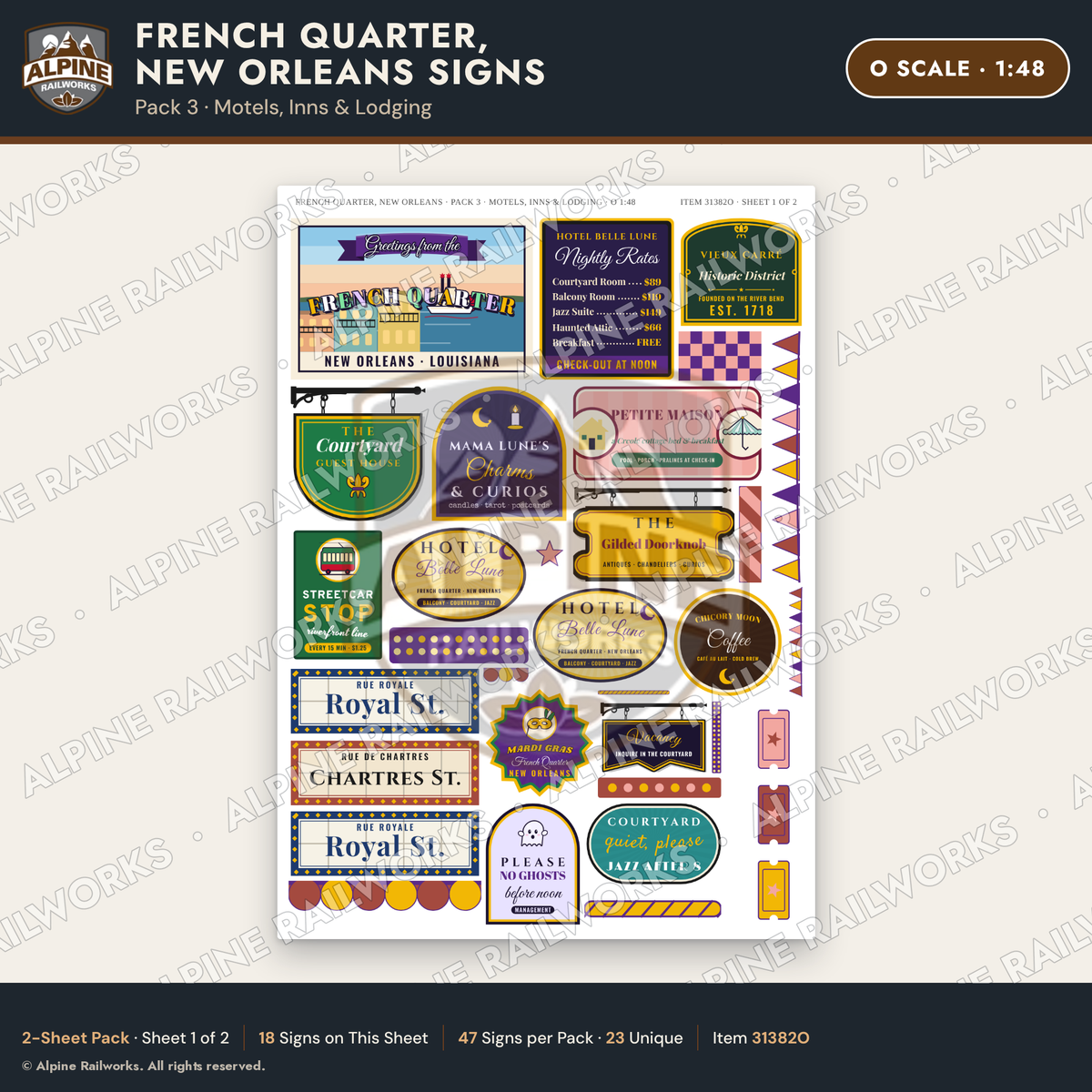 Alpine Railworks 31382O O Scale French Quarter Signs - Motels & Inns