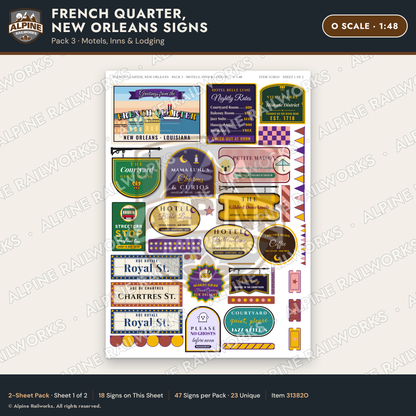 Alpine Railworks 31382O O Scale French Quarter Signs - Motels & Inns