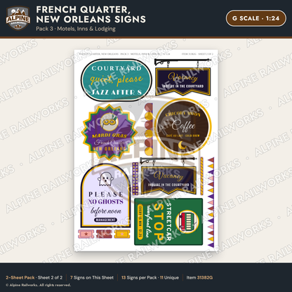 Alpine Railworks 31382G G Scale French Quarter Signs - Motels & Inns