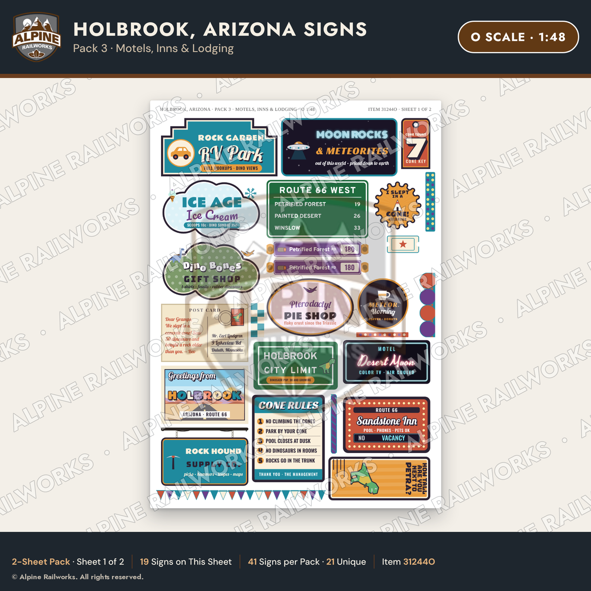 Alpine Railworks 31244O O Scale Holbrook AZ Signs - Motels & Inns